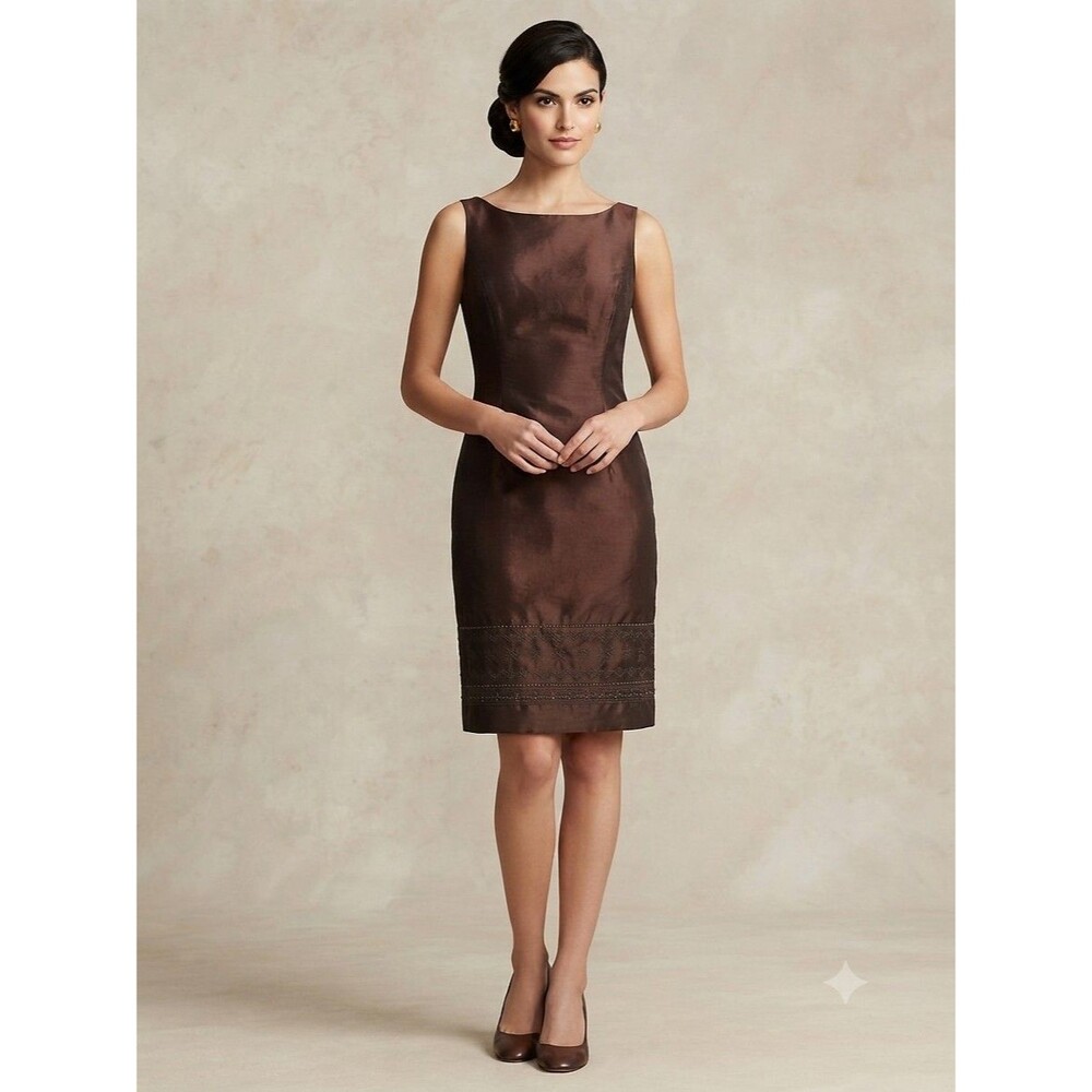 VTG Valerie Stevens Silk Cotton Blend Shimmer Sheath Dress Brown Lace Hem